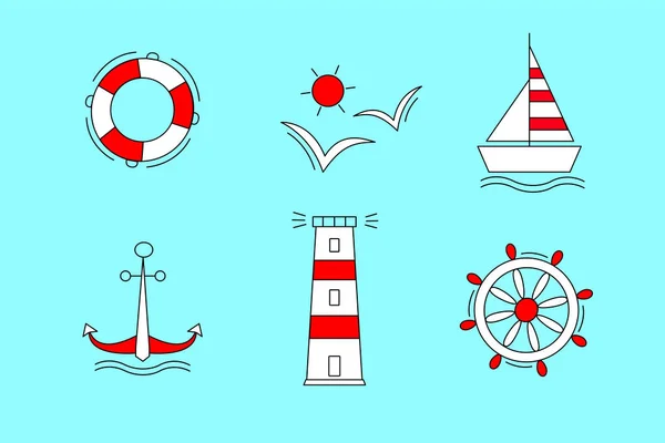 Set von Meeresvektorsymbolen in rot und weiß auf blauem Hintergrund. Anker Schiffsrad Möwe Leuchtturm und Rettungsleine. — Stockvektor