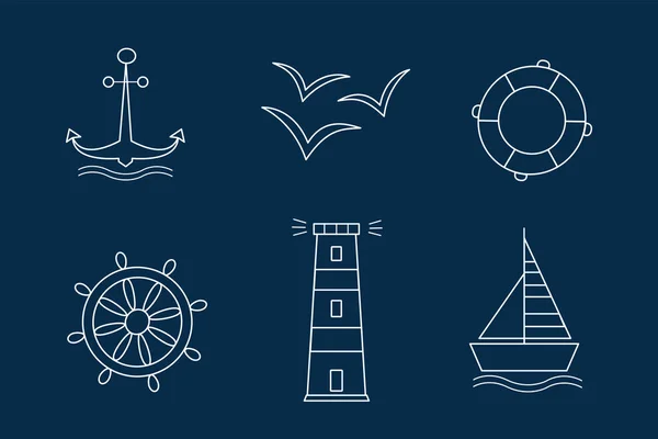 Set di icone del mare vettori i contorni del contorno bianco su sfondo blu scuro. Ancoraggio Nave Ruota Gabbiano faro e una ancora di salvezza . — Vettoriale Stock