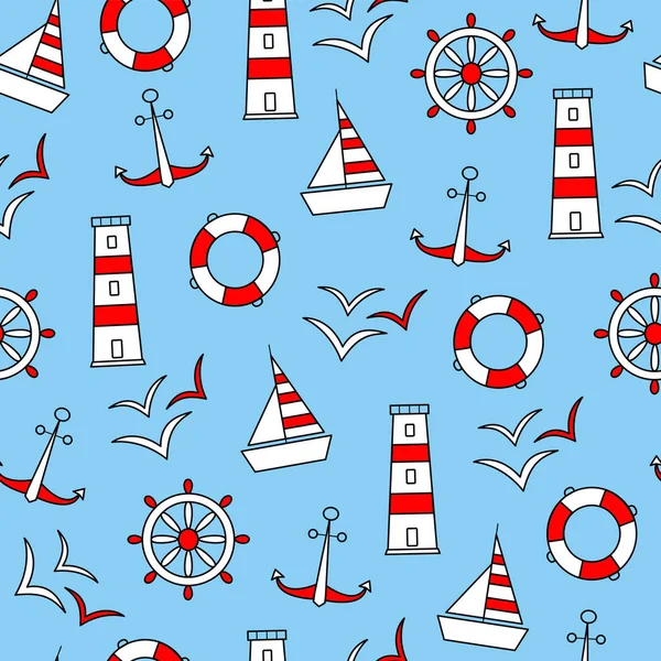 Nahtlose Vektormuster von marinen Elementen Symbole Anker Schiff Rad Möwe Leuchtturm und eine Rettungsleine. in rot-weiß auf blauem Hintergrund. — Stockvektor