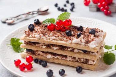 Çıtır diyet ekmek, lor ve kırmızı kuş üzümü ile yaban mersini köy peyniri tatlı. Seçici odaklama.