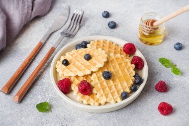 Beton bir arka plan üzerinde taze ahududu ve yaban mersini ile oluklu waffle çerezleri. Kopyalama alanı.