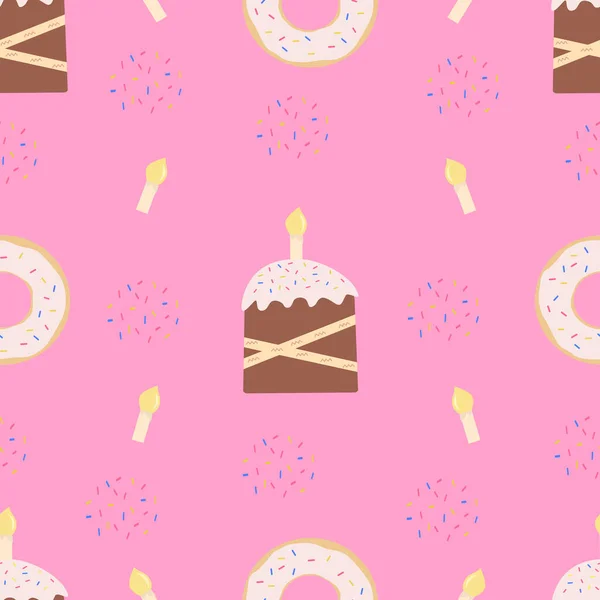 Безшовний Візерунок Пирога Пончики Глазур Свічками Рожевий Фон Шпалери — стоковий вектор