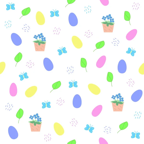 Patrón Inconsútil Elementos Pascua Huevos Decorativos Pintados Hierba Verde Concepto — Vector de stock