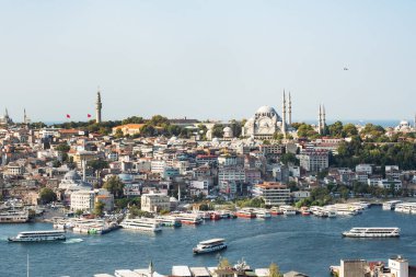 İstanbul, Türkiye - 05 Eylül 2019: İstanbul 'un tarihi merkezinin panoramik görünümü, İstanbul Boğazı' nın kıyısında mimari