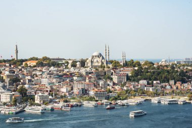 İstanbul, Türkiye - 05 Eylül 2019: İstanbul 'un tarihi merkezinin panoramik görünümü, İstanbul Boğazı' nın kıyısında mimari