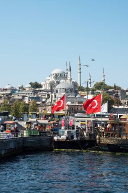 İstanbul, Türkiye - 05 Eylül 2019: İstanbul 'un tarihi merkezinin panoramik görünümü, İstanbul Boğazı' nın kıyısında mimari