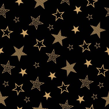 Seti çizilmiş yıldızlarla kusursuz desen. Siyah arkaplandaki vektör duvar kağıdı yıldızları