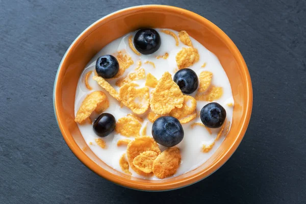 Corn flakes made from natural cereals with fresh blueberries, honey and milk. The concept of a healthy wholesome Breakfast. copy space Grey concrete background.