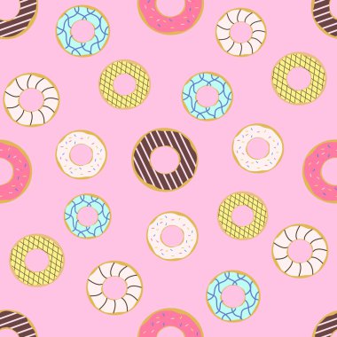Renkli kremalı donutların kusursuz deseni. Moda güzelliğindeki donutlar Pembe arka plan