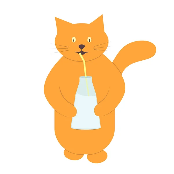 카툰빨간 고양이가 튜브를 우유를 마신다 — 스톡 벡터