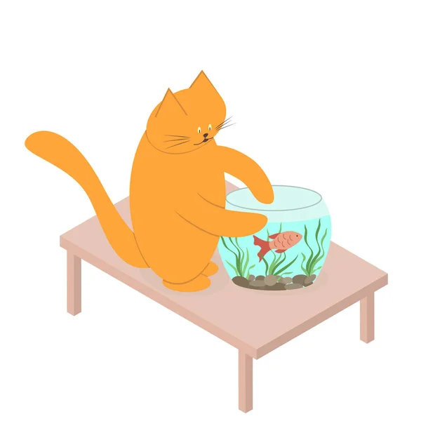 Красная Кошка Играет Рыбой Аквариуме Симпатичный Кот Сидит Столе Касается — стоковый вектор