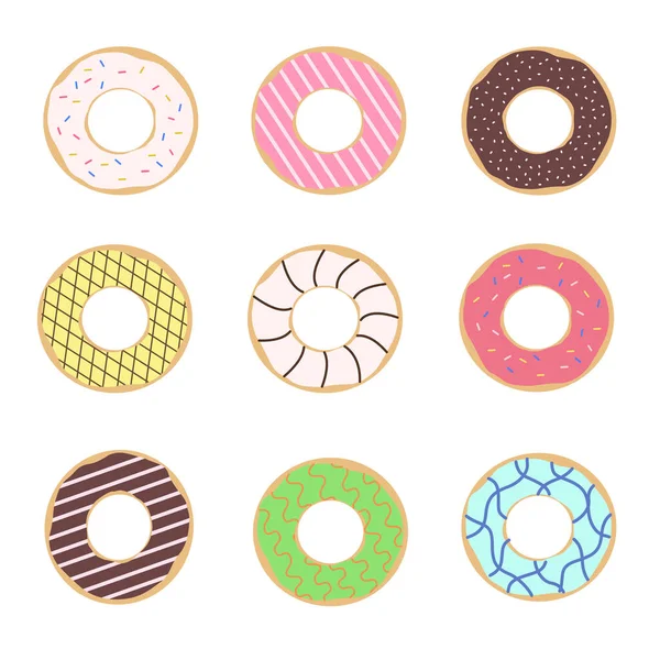Conjunto Donuts Diferentes Sobre Fundo Branco Donuts Com Cobertura Colorida — Vetor de Stock
