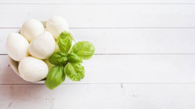 Mozzarella topları ve Fesleğen çanak, seçici odak. Kopyalama alanı