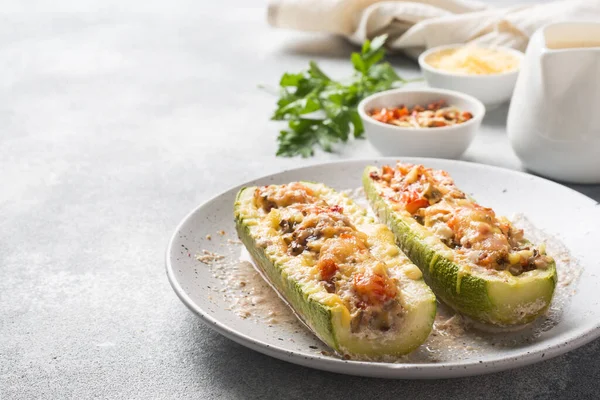 Baked Stuffed Zucchini Boats Minced Chicken Mushrooms Vegetables Cheese Plate — Stock Photo, Image