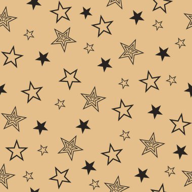 Seti çizilmiş yıldızlarla kusursuz desen. Bej arkaplanda vektör duvar kağıdı siyah yıldızlar,