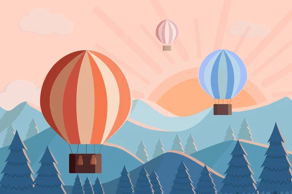 Hot Air Balloons Fly Dawn Mountains Vector Illustration Mountain Landscape — Stock Vector