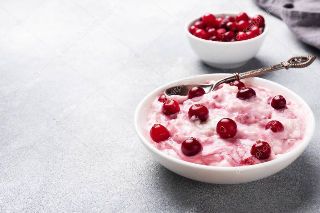 Cottage cheese dessert of yogurt jam and cranberries on a plate. grey concrete table. Concept healthy useful Breakfast. Copy space