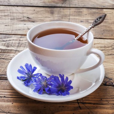 Ahşap masa Üzerinde hindiba içecek ve mavi hindiba çiçekleri ile Fincan Kopya alanı.