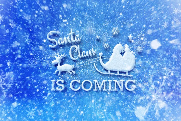 Santa Claus is coming lettering with snow effect, Christmas wish card with typography composition