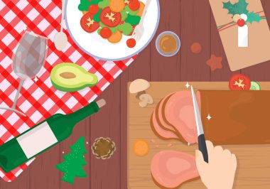 Ahşap masa vektör tasarımı üzerinde Noel yemeği.