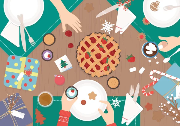 Ahşap masa vektör tasarımı üzerinde Noel yemeği. — Stok Vektör