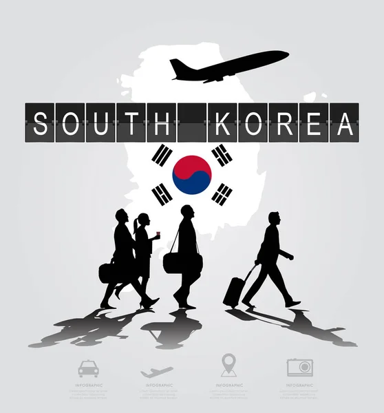 Pessoas com silhueta infográfica no aeroporto para a Coréia do Sul fli — Vetor de Stock