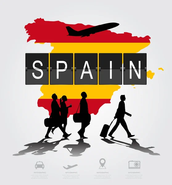 Infographic siluet kişi havaalanında İspanya uçuş için — Stok Vektör