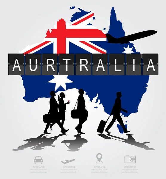 Pessoas de silhueta infográfica no aeroporto para a Austrália fligh — Vetor de Stock