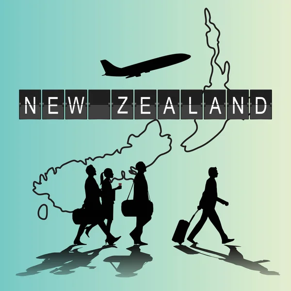 Infographic silhouet mensen op de luchthaven voor Nieuw-Zeeland fli — Stockvector