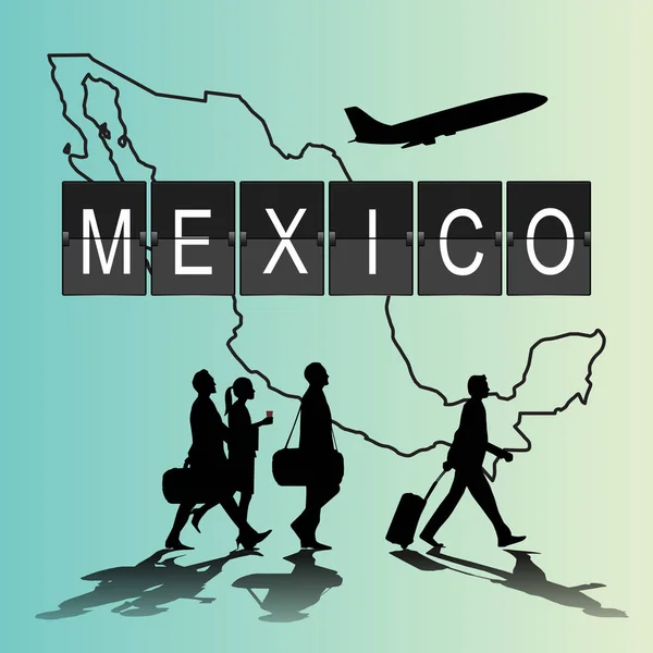 Silueta infográfica de personas en el aeropuerto para vuelo a México — Vector de stock