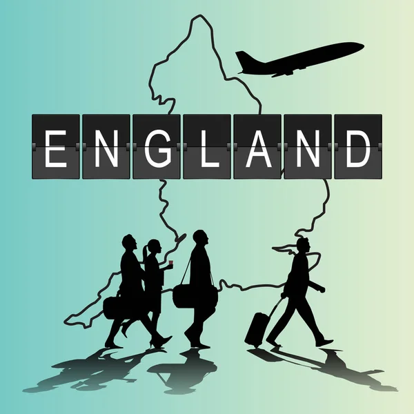 Infografische Silhouette Menschen auf dem Flughafen für den Flug nach England — Stockvektor