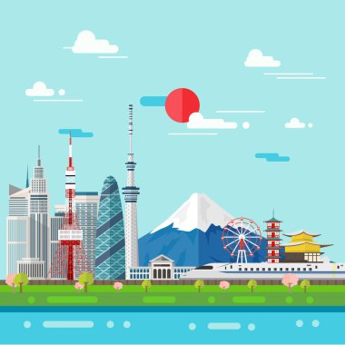 Japan.Japan yerlerinden ünlü şehirde Tokyo düz çizimi 