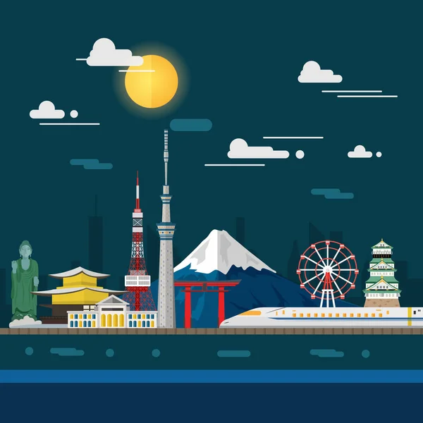 Platte illustratie van de stad Tokio in Japan.Japan bezienswaardigheden Famous — Stockvector