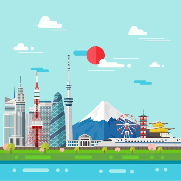 Illustrazione piatta della città di Tokyo in Giappone.Giappone punti di riferimento Famoso — Vettoriale Stock