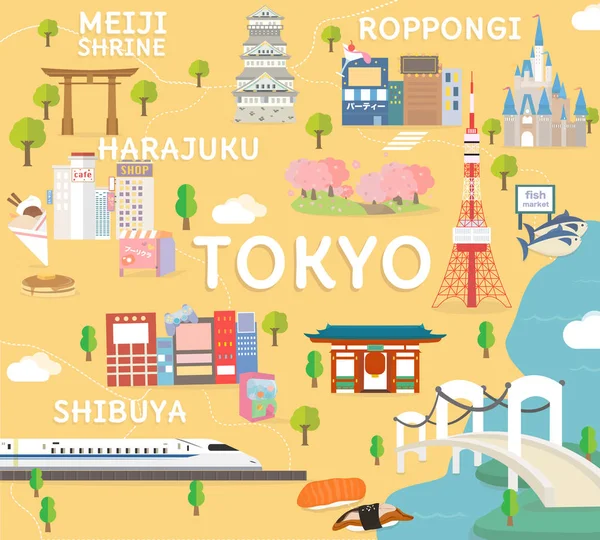 Tokio mapa de viajes en ilustración plana . — Vector de stock