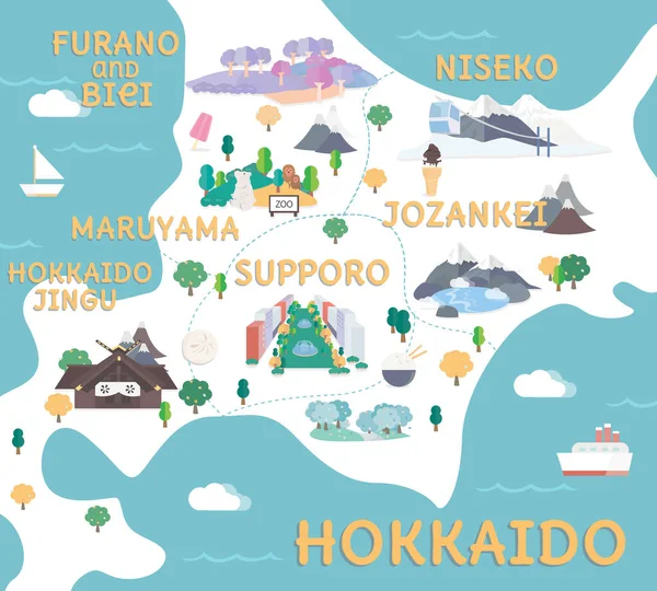 Hokkaido mapa de viagem em ilustração plana . — Vetor de Stock