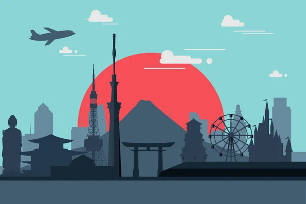 Illustration en silhouette de la ville de Tokyo au Japon.Japon repères F — Image vectorielle