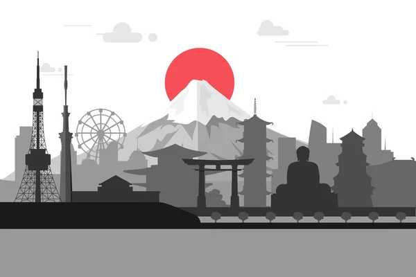 Silhueta ilustração da cidade de Tóquio no Japão.Japão marcos F — Vetor de Stock