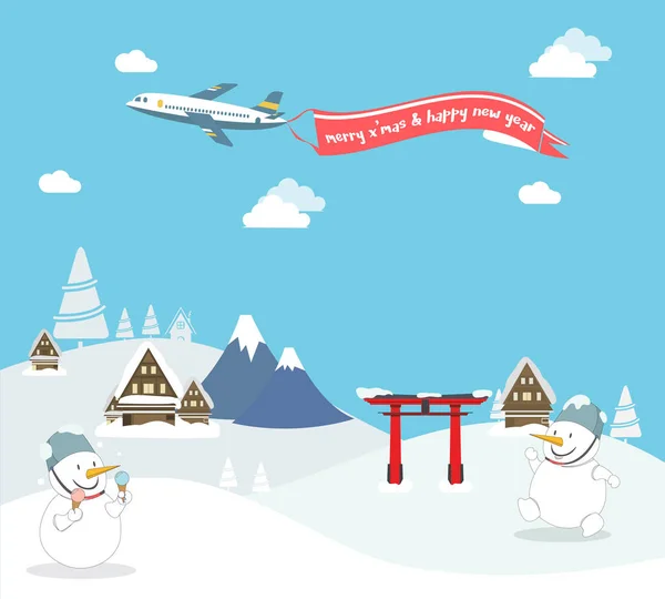 Muñeco de nieve disfrutar de viajes de Navidad en Asia . — Archivo Imágenes Vectoriales