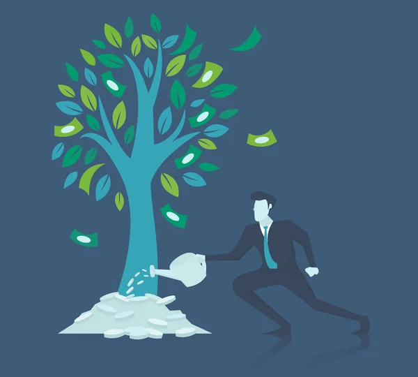 Επιχειρηματική ιδέα της ανάπτυξης. Επιχειρηματίας ποτίσματος δέντρο χρήματα — Διανυσματικό Αρχείο