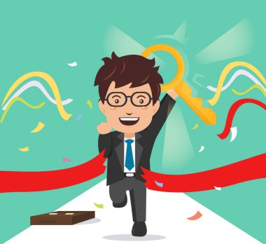 Çalışan iş adamı bitiş çizgisine kırmızı kurdele haçlar