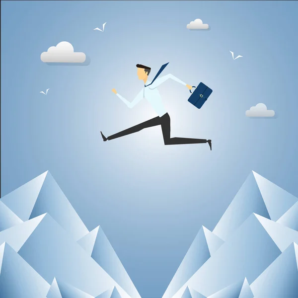 Businessman Jump Over Cliff Gap Mountain. — Stock Vector