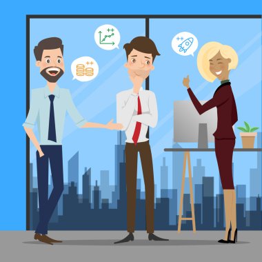 Ofis çalışma konusunda konuşurken iş adamları.