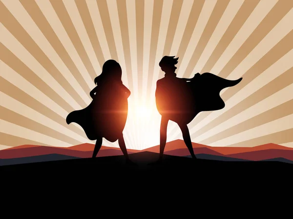 Silhouette man and women superhero with sunlight. — Stock Vector