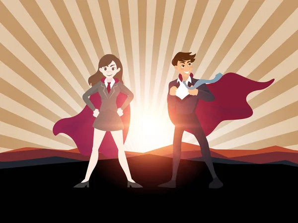 Superhéroe hombre y mujer con luz solar . — Vector de stock