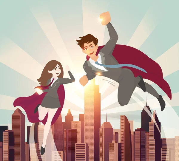 Man and women superhero with sunlight. — Stock Vector