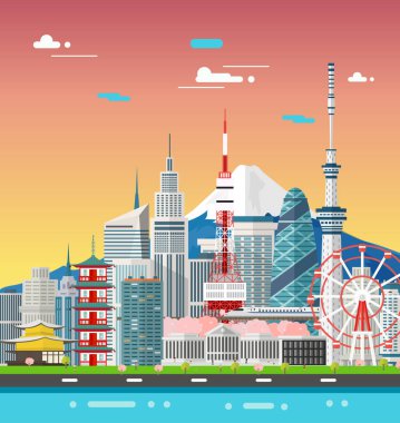 Japonya binalar yer ve Simgesel Yapı seyahat. Vektör çizim.
