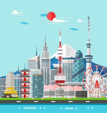 Japonya binalar yer ve Simgesel Yapı seyahat. Vektör çizim.