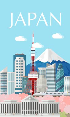 Japonya binalar yer ve Simgesel Yapı seyahat. Vektör çizim.