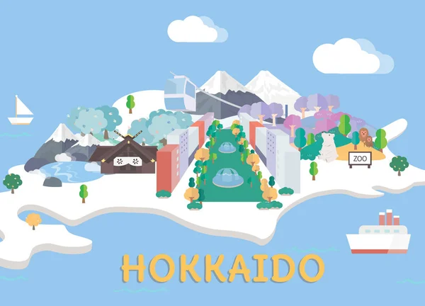 Mapa de viajes de Hokkaido en ilustración plana . — Archivo Imágenes Vectoriales